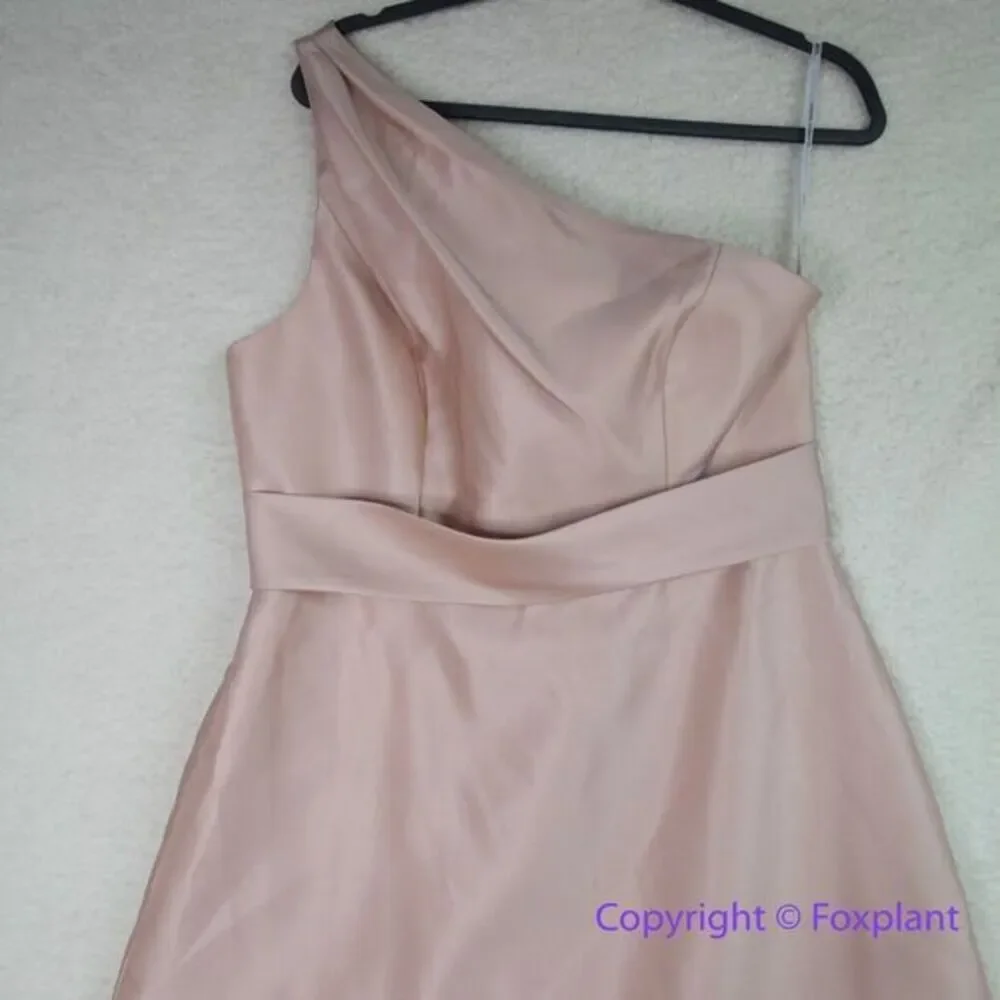 New! Alfred Sung Draped One-Shoulder Satin Maxi Dress in Toasted Sugar, size 14R - Picture 3 of 15